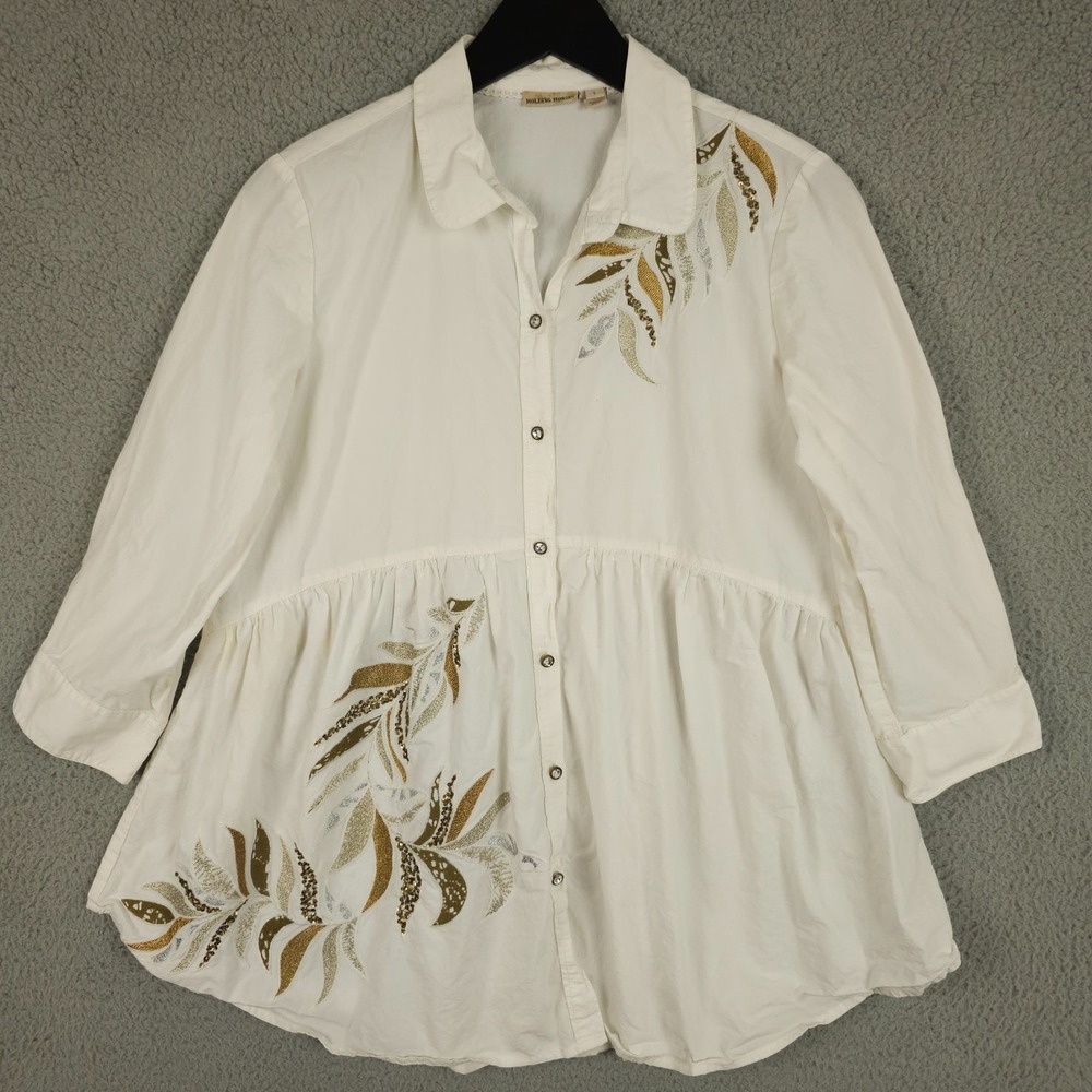 Holding Horses Shirt Womens Small White Embroidered Sequin Estrella Peplum Top